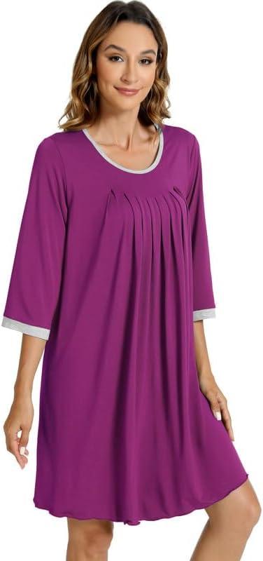 imageWiWi Nightgowns Viscose from Bamboo for Women Soft 34 Sleeve Sleep Shirts Scoop Neck Pleated Pajamas Nightshirts SXXLPurplish Red