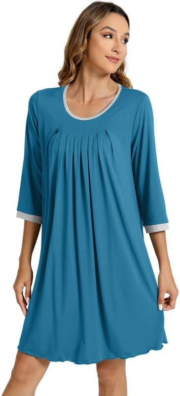 imageWiWi Nightgowns Viscose from Bamboo for Women Soft 34 Sleeve Sleep Shirts Scoop Neck Pleated Pajamas Nightshirts SXXLTeal Blue
