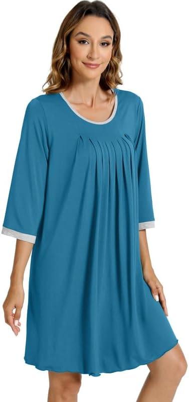 imageWiWi Nightgowns Viscose from Bamboo for Women Soft 34 Sleeve Sleep Shirts Scoop Neck Pleated Pajamas Nightshirts SXXLTeal Blue