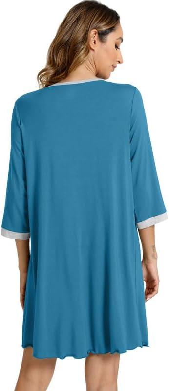 imageWiWi Nightgowns Viscose from Bamboo for Women Soft 34 Sleeve Sleep Shirts Scoop Neck Pleated Pajamas Nightshirts SXXLTeal Blue