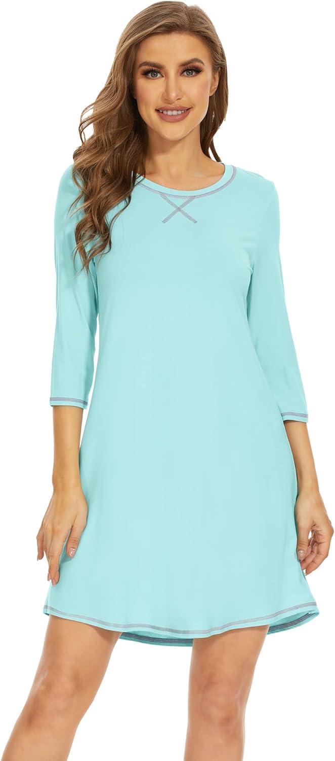 imageWiWi Nightgowns for Women 34 Sleeve Sleep Shirts Soft Pajamas Gowns Viscose from Bamboo Nightwear SXXLAqua