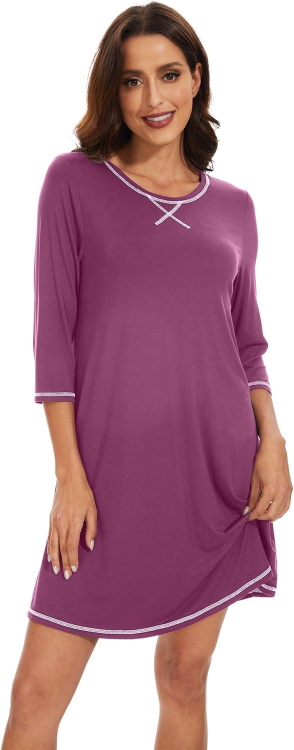 imageWiWi Nightgowns for Women 34 Sleeve Sleep Shirts Soft Pajamas Gowns Viscose from Bamboo Nightwear SXXLBeet Red