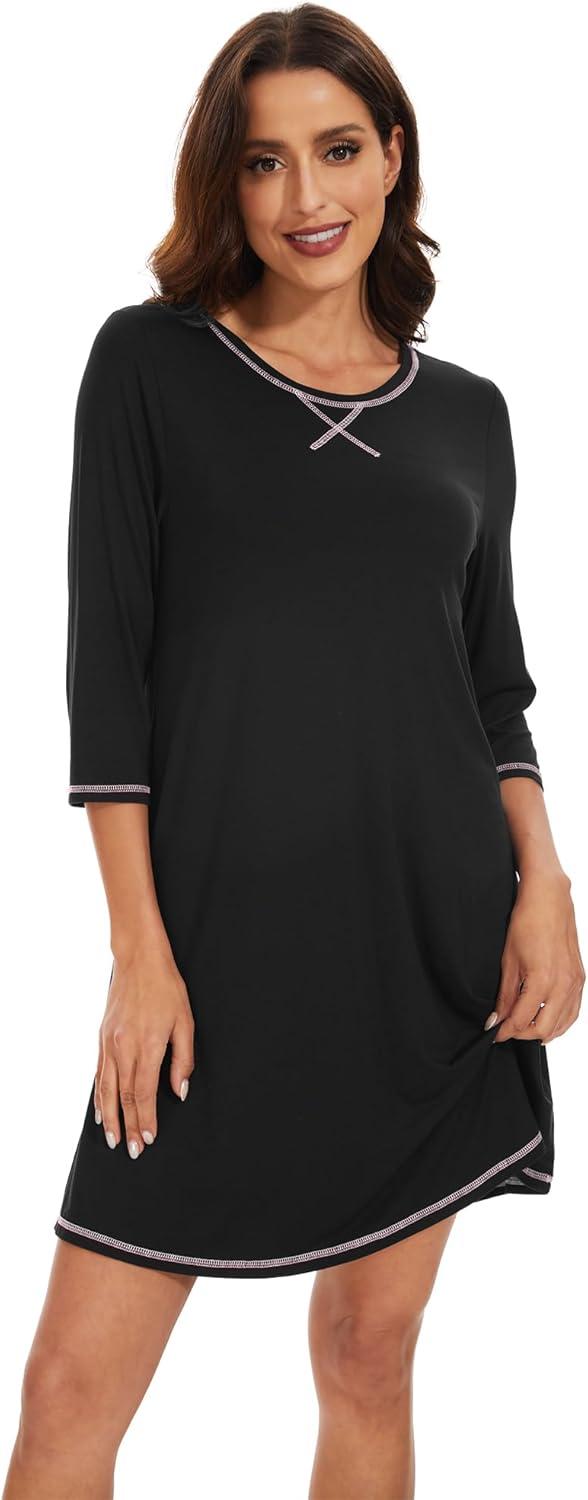 imageWiWi Nightgowns for Women 34 Sleeve Sleep Shirts Soft Pajamas Gowns Viscose from Bamboo Nightwear SXXLBlack
