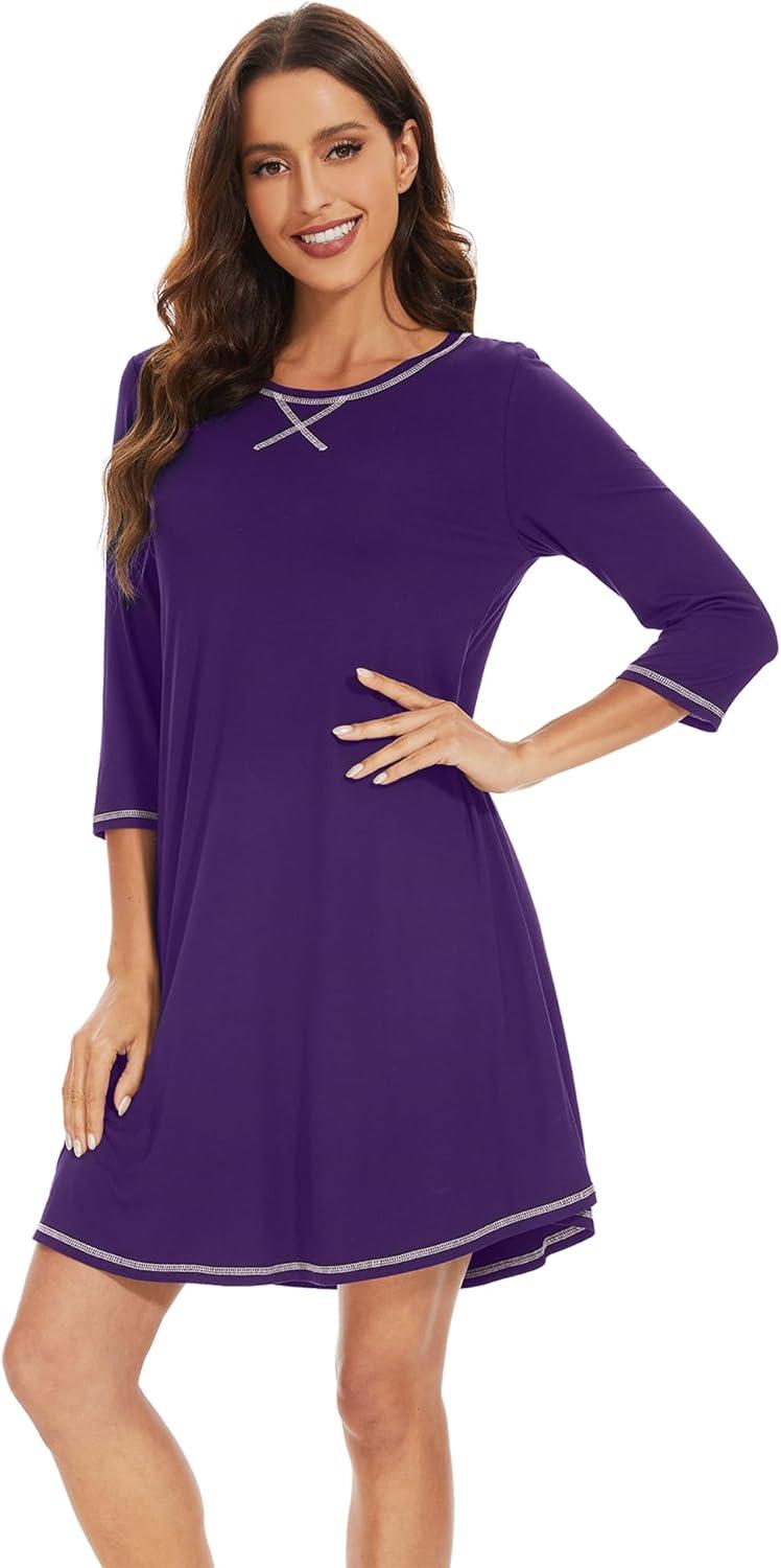 imageWiWi Nightgowns for Women 34 Sleeve Sleep Shirts Soft Pajamas Gowns Viscose from Bamboo Nightwear SXXLDark Purple