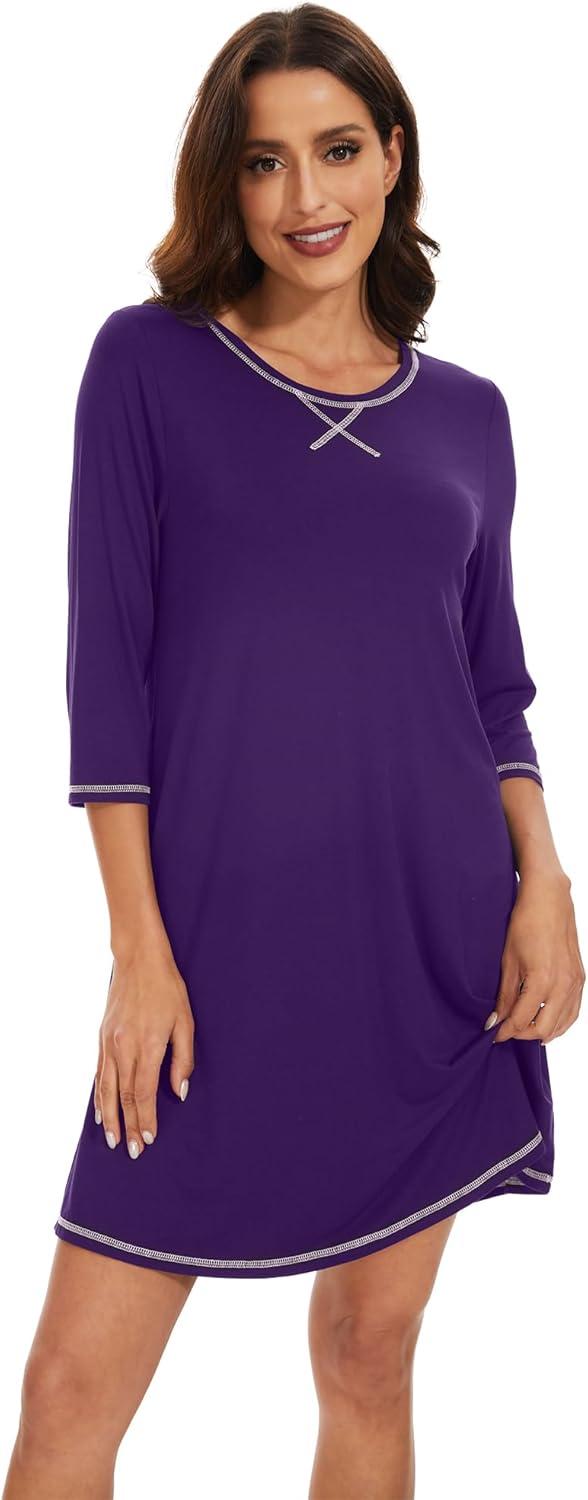 imageWiWi Nightgowns for Women 34 Sleeve Sleep Shirts Soft Pajamas Gowns Viscose from Bamboo Nightwear SXXLDark Purple