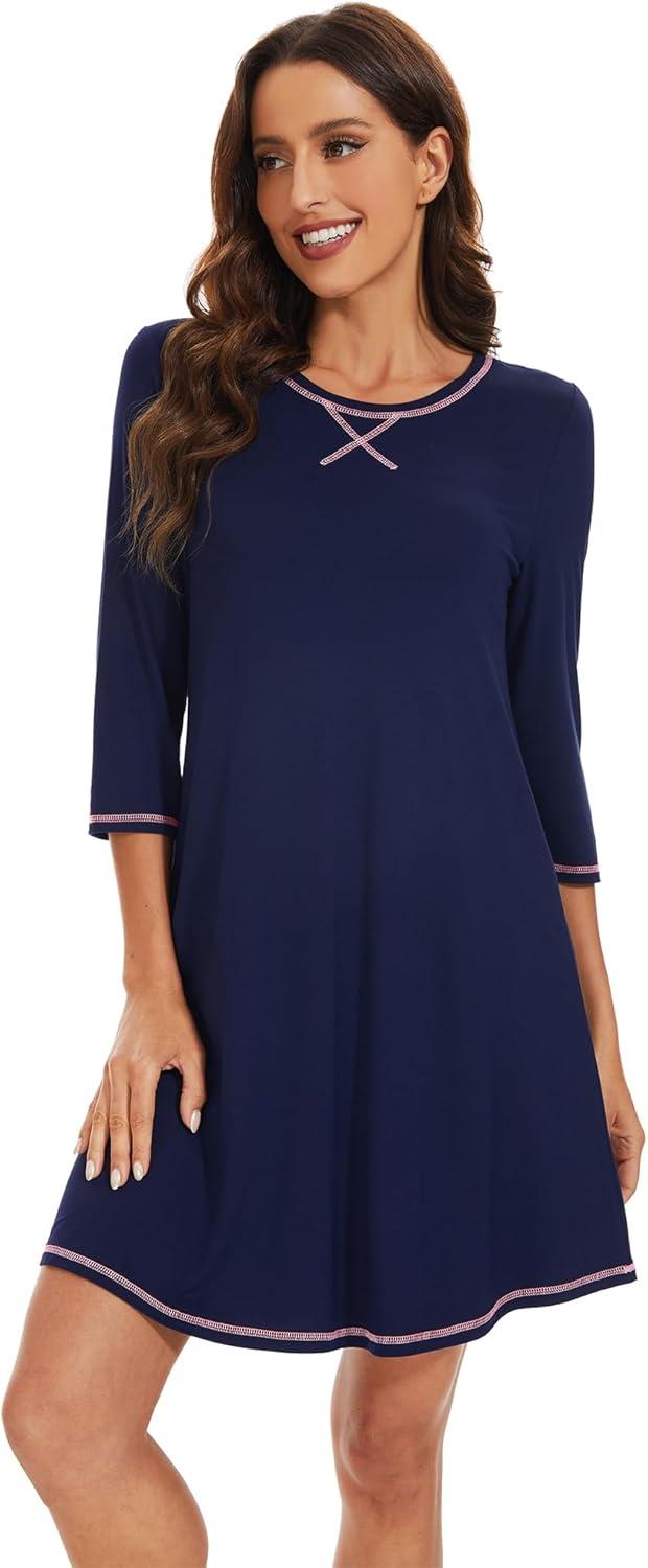 imageWiWi Nightgowns for Women 34 Sleeve Sleep Shirts Soft Pajamas Gowns Viscose from Bamboo Nightwear SXXLNavy