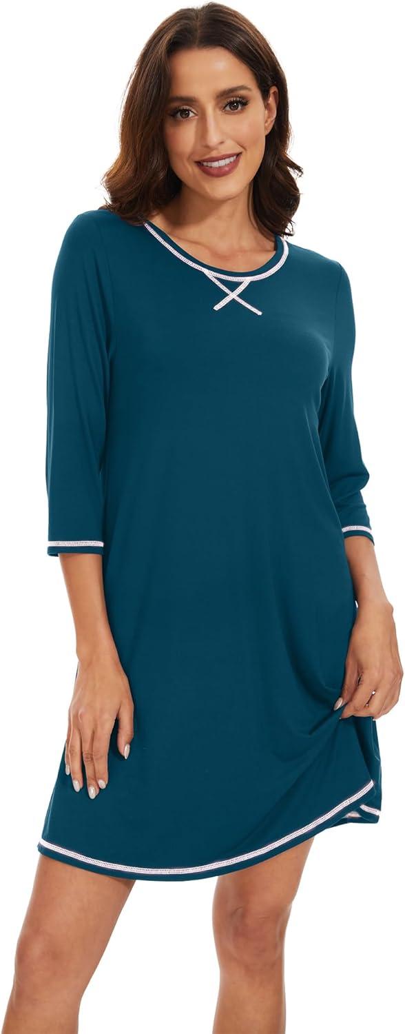 imageWiWi Nightgowns for Women 34 Sleeve Sleep Shirts Soft Pajamas Gowns Viscose from Bamboo Nightwear SXXLPeacock Blue