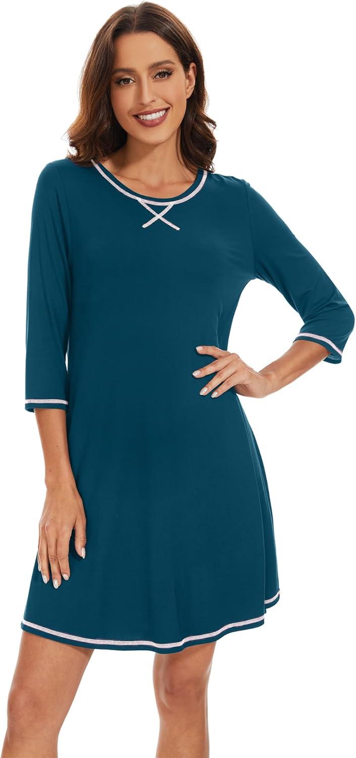imageWiWi Nightgowns for Women 34 Sleeve Sleep Shirts Soft Pajamas Gowns Viscose from Bamboo Nightwear SXXLPeacock Blue