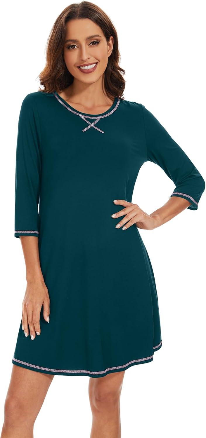 imageWiWi Nightgowns for Women 34 Sleeve Sleep Shirts Soft Pajamas Gowns Viscose from Bamboo Nightwear SXXLPeacock Green