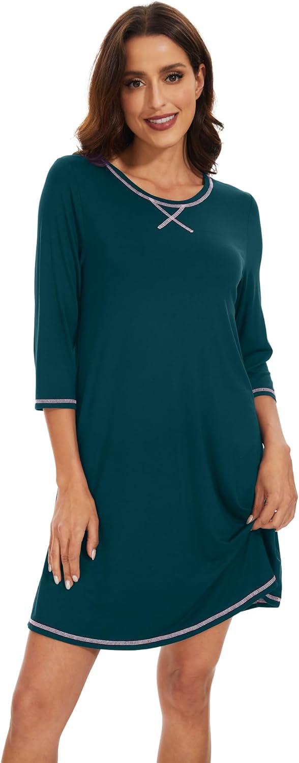 imageWiWi Nightgowns for Women 34 Sleeve Sleep Shirts Soft Pajamas Gowns Viscose from Bamboo Nightwear SXXLPeacock Green