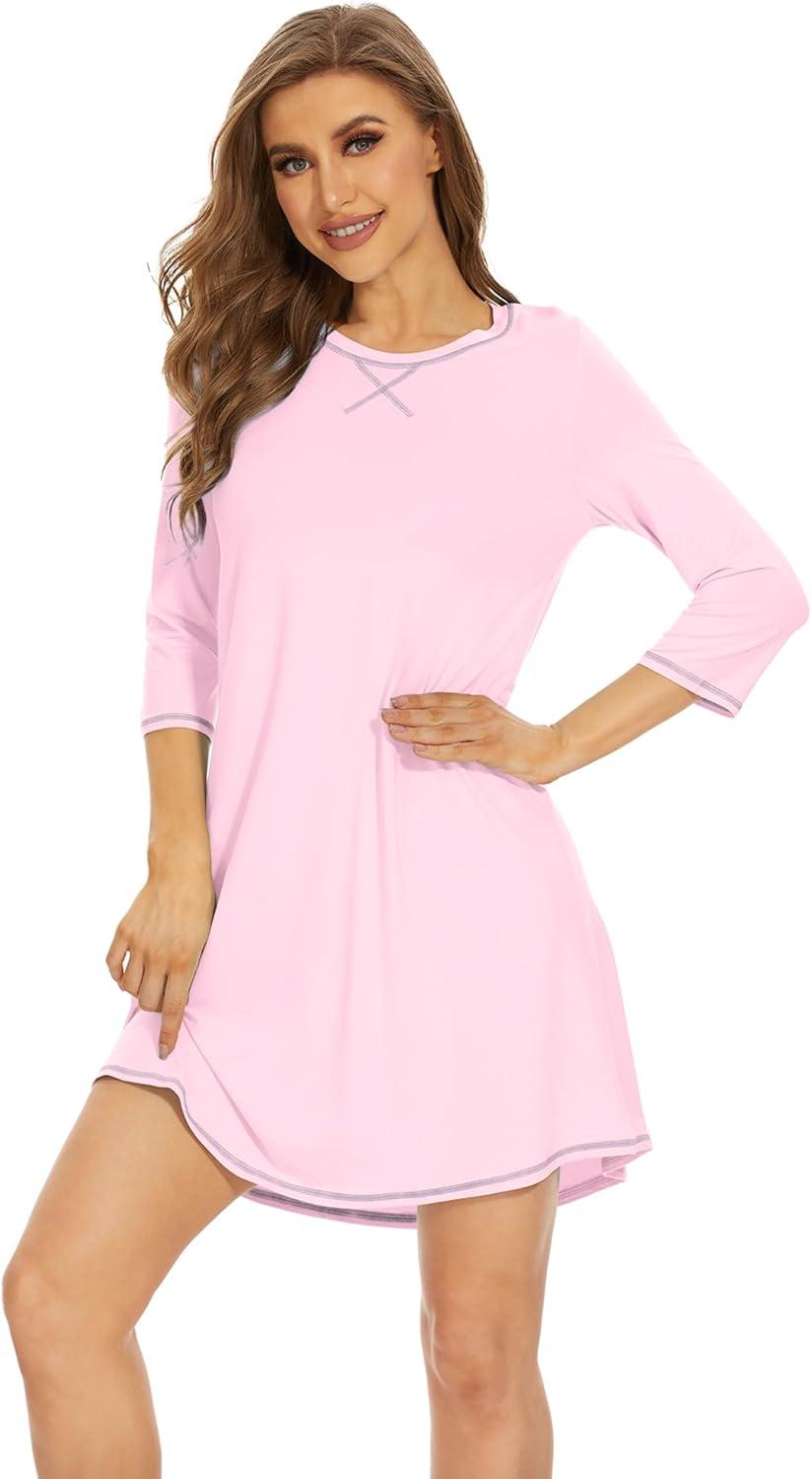 imageWiWi Nightgowns for Women 34 Sleeve Sleep Shirts Soft Pajamas Gowns Viscose from Bamboo Nightwear SXXLPink