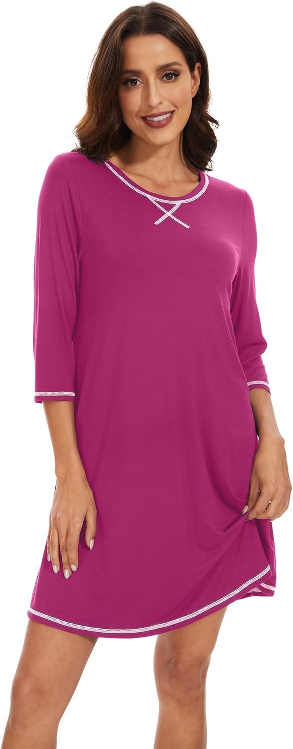 imageWiWi Nightgowns for Women 34 Sleeve Sleep Shirts Soft Pajamas Gowns Viscose from Bamboo Nightwear SXXLRose Red