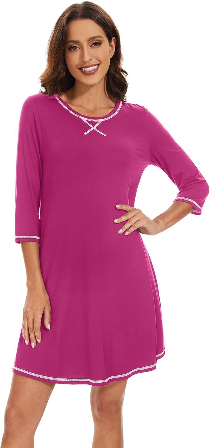 imageWiWi Nightgowns for Women 34 Sleeve Sleep Shirts Soft Pajamas Gowns Viscose from Bamboo Nightwear SXXLRose Red