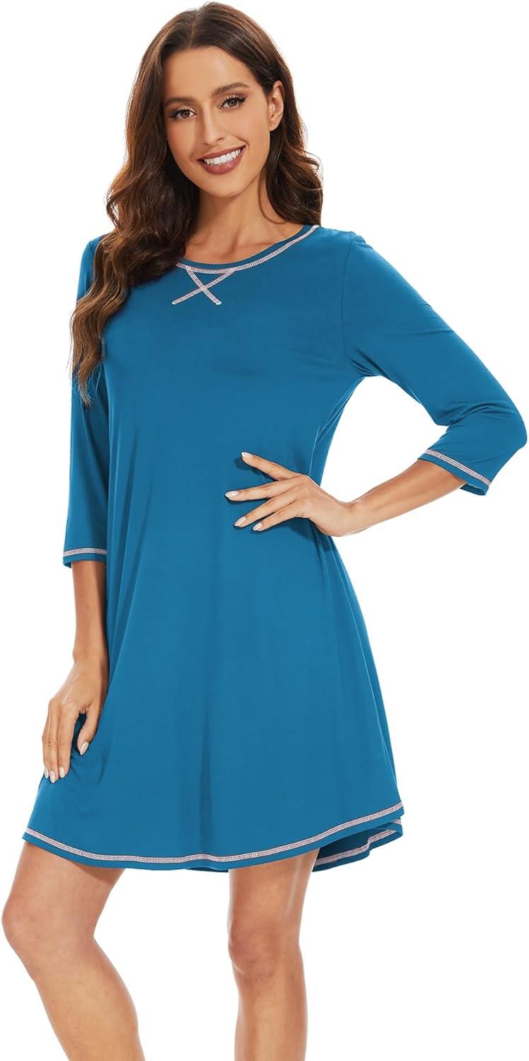 imageWiWi Nightgowns for Women 34 Sleeve Sleep Shirts Soft Pajamas Gowns Viscose from Bamboo Nightwear SXXLTeal Blue