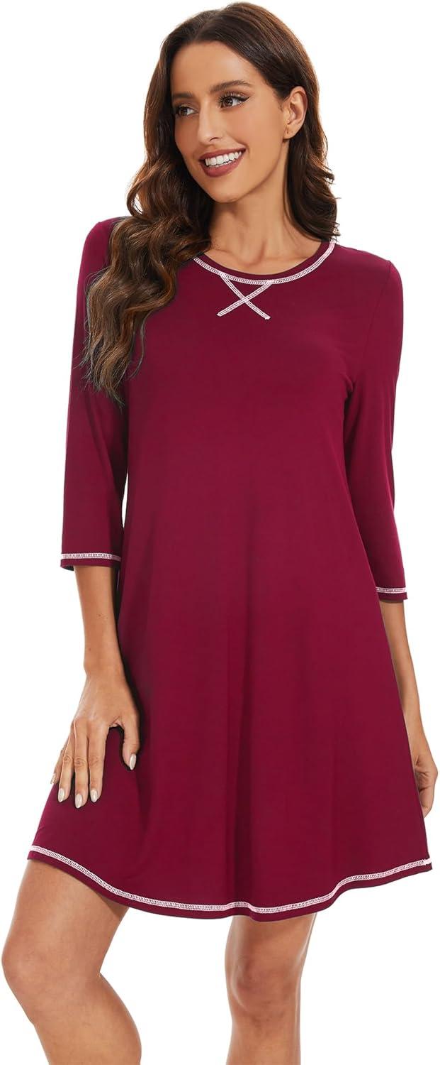 imageWiWi Nightgowns for Women 34 Sleeve Sleep Shirts Soft Pajamas Gowns Viscose from Bamboo Nightwear SXXLWine