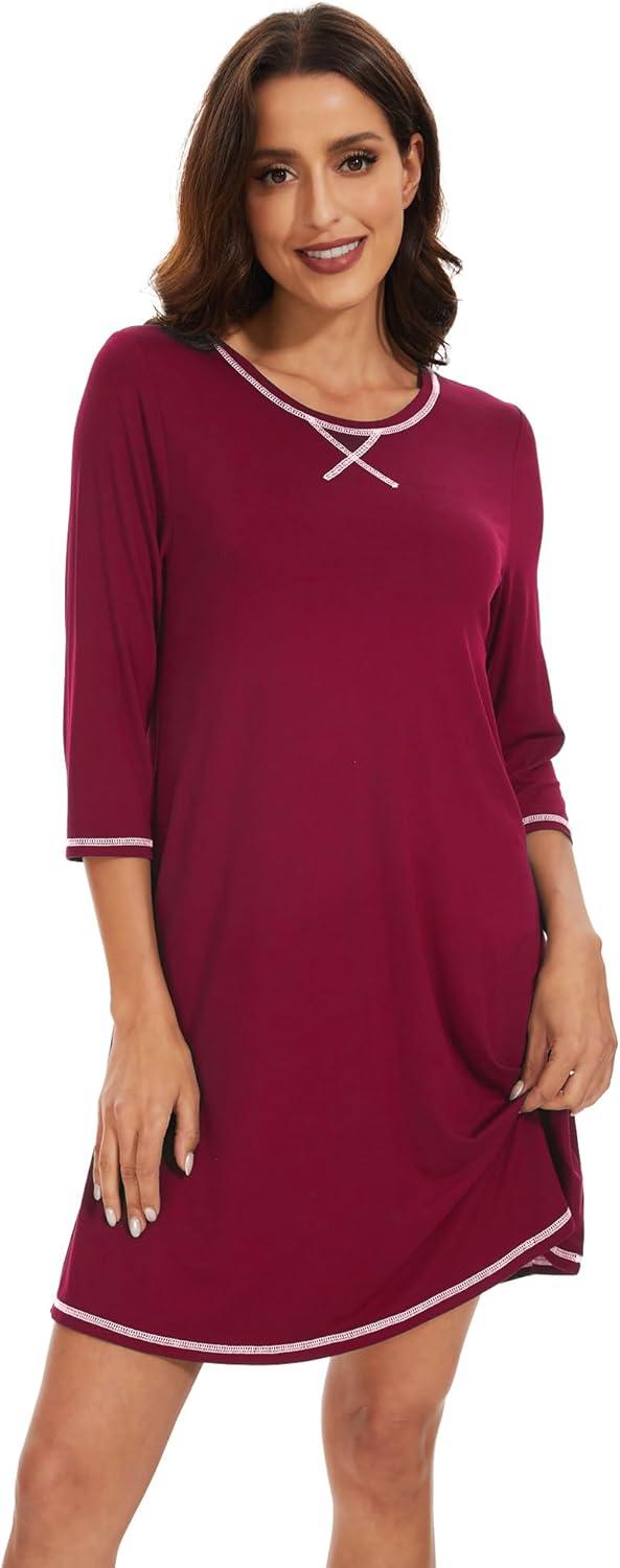 imageWiWi Nightgowns for Women 34 Sleeve Sleep Shirts Soft Pajamas Gowns Viscose from Bamboo Nightwear SXXLWine