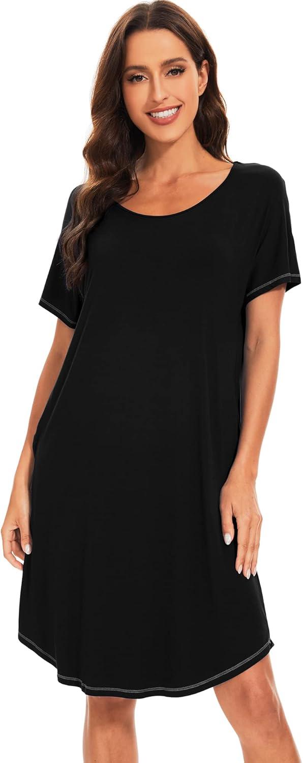 imageWiWi Womens Bamboo Viscose Nightgowns Soft Short Sleeve Sleep Shirt Lightweight Cool Nightshirt Pajama Dress SXXLAblack