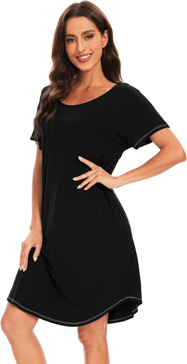 imageWiWi Womens Bamboo Viscose Nightgowns Soft Short Sleeve Sleep Shirt Lightweight Cool Nightshirt Pajama Dress SXXLAblack