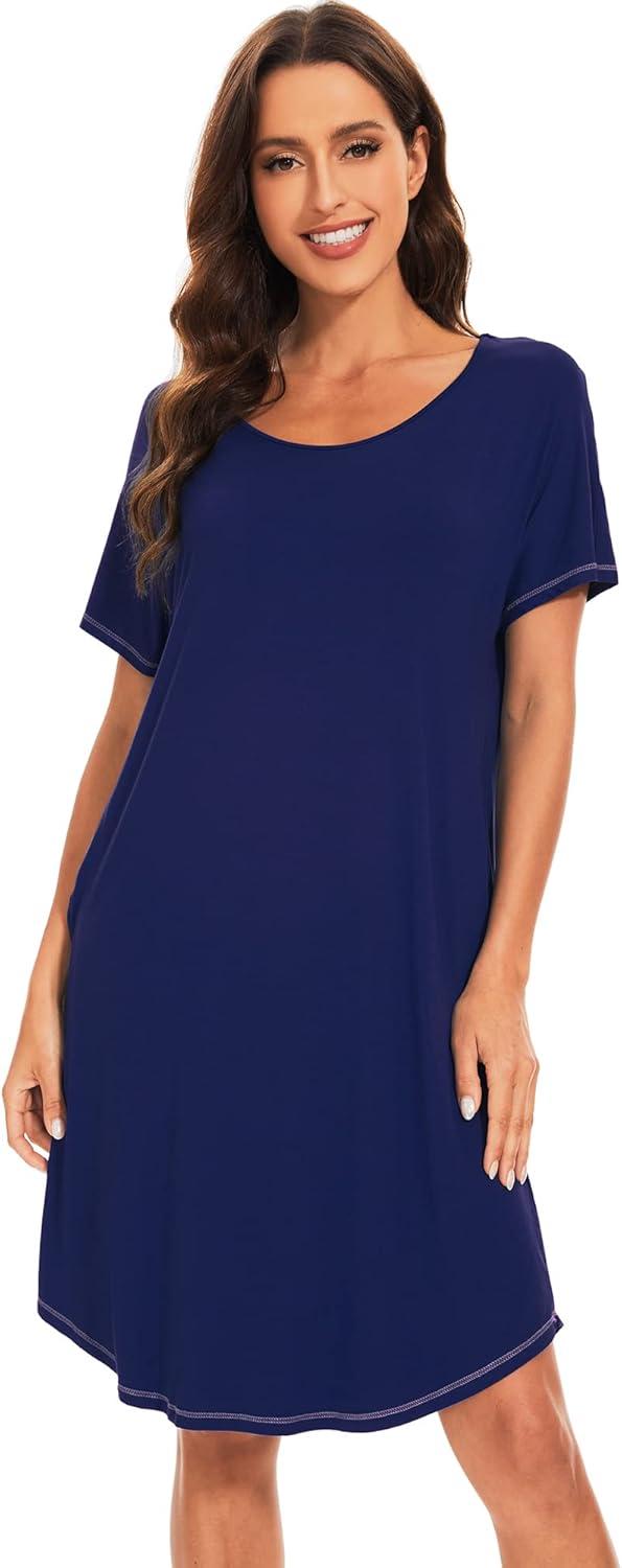 imageWiWi Womens Bamboo Viscose Nightgowns Soft Short Sleeve Sleep Shirt Lightweight Cool Nightshirt Pajama Dress SXXLAnavy