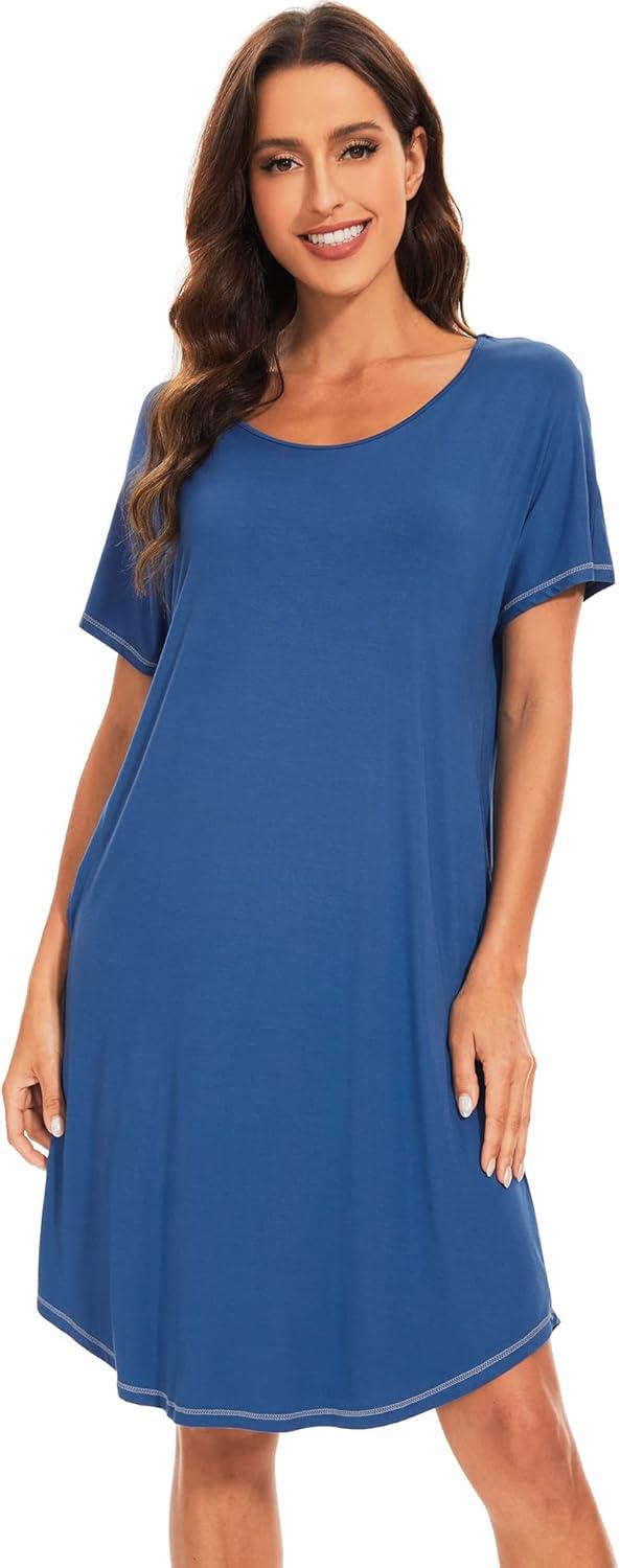 imageWiWi Womens Bamboo Viscose Nightgowns Soft Short Sleeve Sleep Shirt Lightweight Cool Nightshirt Pajama Dress SXXLAprussian Blue