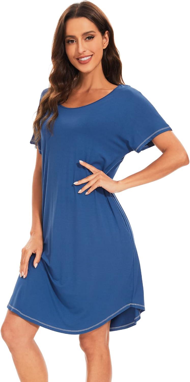 imageWiWi Womens Bamboo Viscose Nightgowns Soft Short Sleeve Sleep Shirt Lightweight Cool Nightshirt Pajama Dress SXXLAprussian Blue