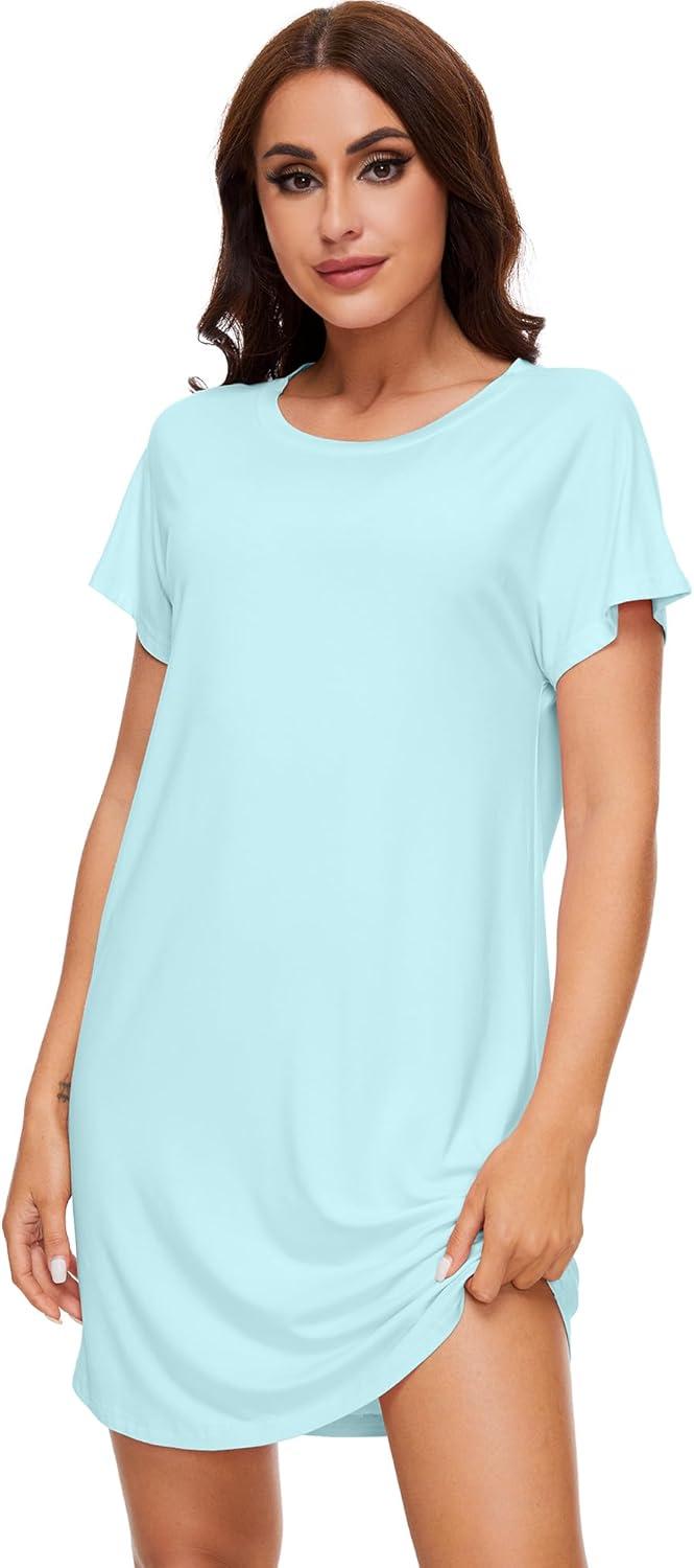 imageWiWi Womens Bamboo Viscose Nightgowns Soft Short Sleeve Sleep Shirt Lightweight Cool Nightshirt Pajama Dress SXXLAqua