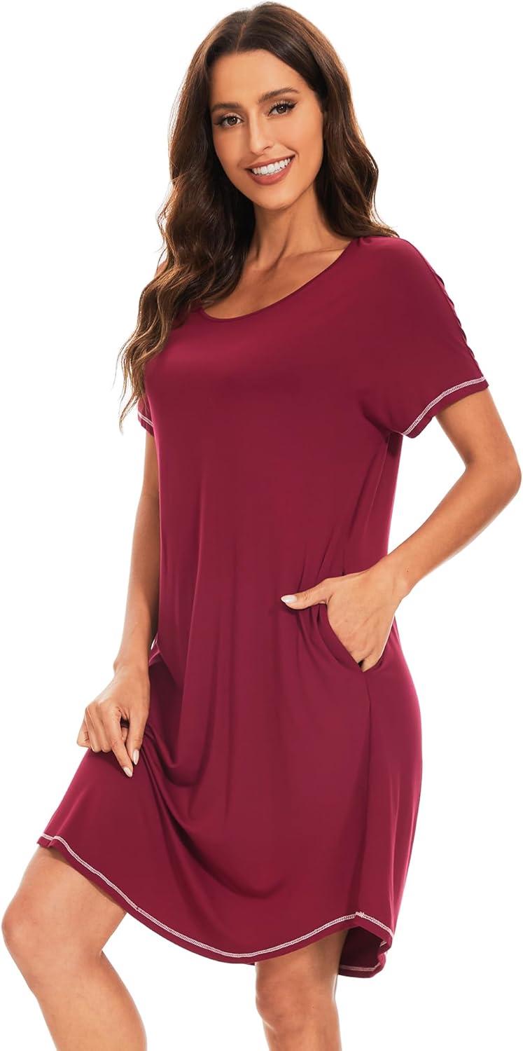 imageWiWi Womens Bamboo Viscose Nightgowns Soft Short Sleeve Sleep Shirt Lightweight Cool Nightshirt Pajama Dress SXXLAwine