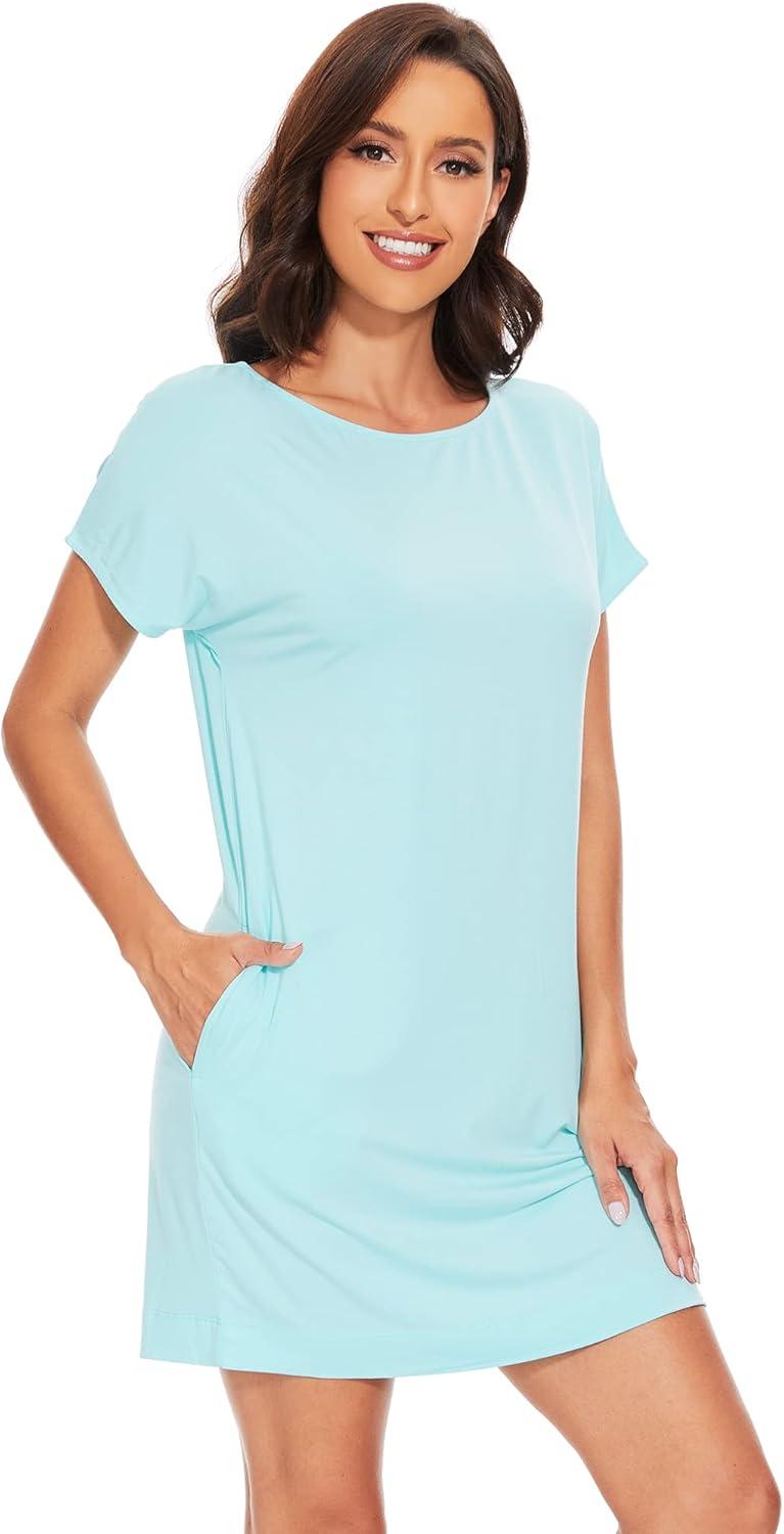 imageWiWi Womens Bamboo Viscose Nightgowns Soft Short Sleeve Sleep Shirt Lightweight Cool Nightshirt Pajama Dress SXXLBaqua