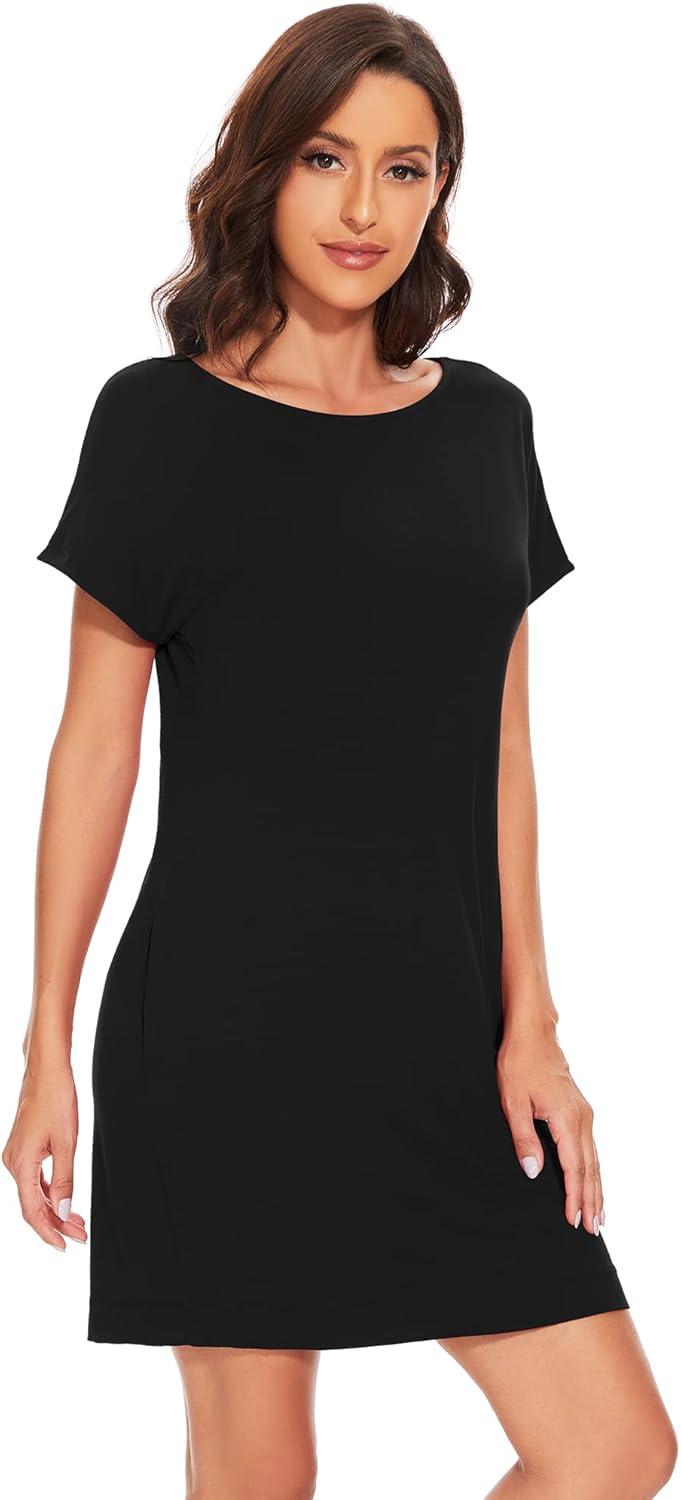 imageWiWi Womens Bamboo Viscose Nightgowns Soft Short Sleeve Sleep Shirt Lightweight Cool Nightshirt Pajama Dress SXXLBblack