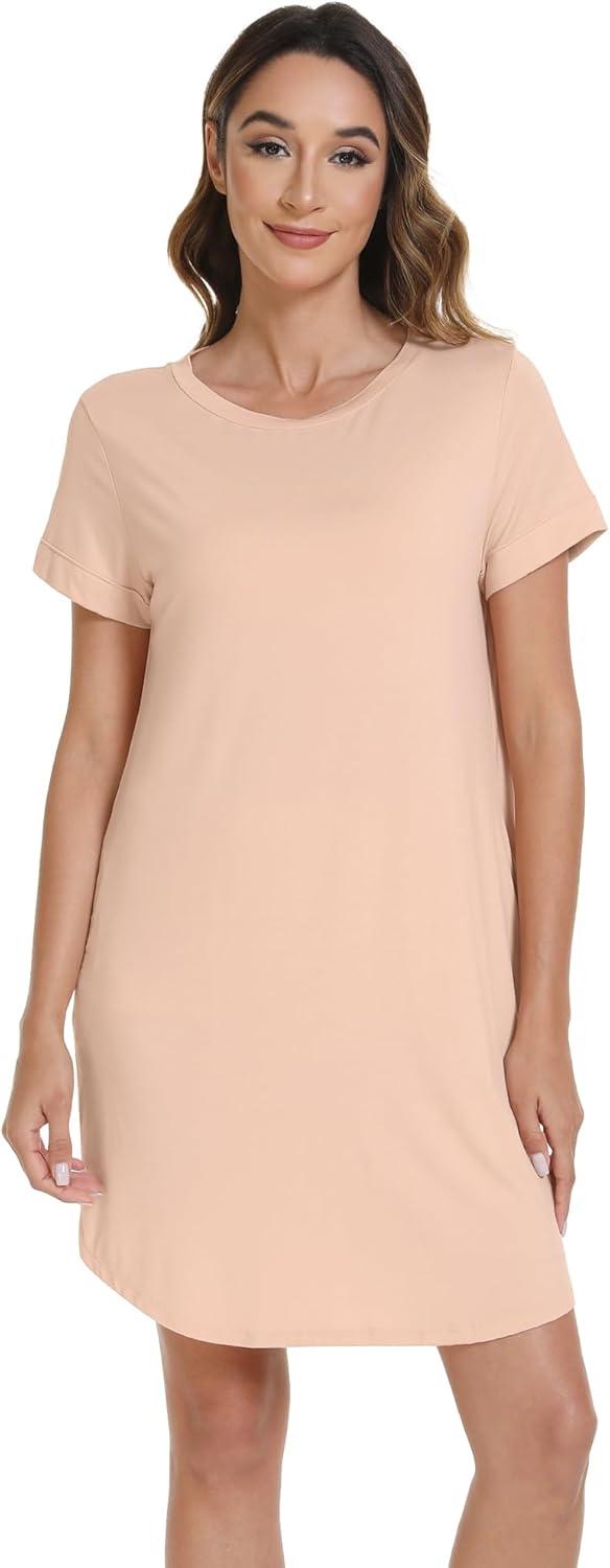 imageWiWi Womens Bamboo Viscose Nightgowns Soft Short Sleeve Sleep Shirt Lightweight Cool Nightshirt Pajama Dress SXXLBeige