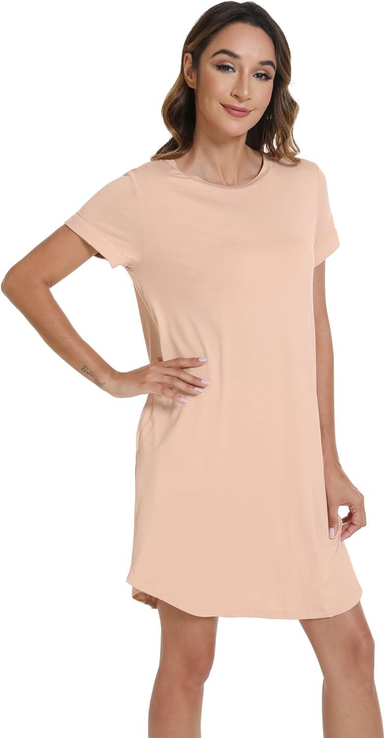 imageWiWi Womens Bamboo Viscose Nightgowns Soft Short Sleeve Sleep Shirt Lightweight Cool Nightshirt Pajama Dress SXXLBeige