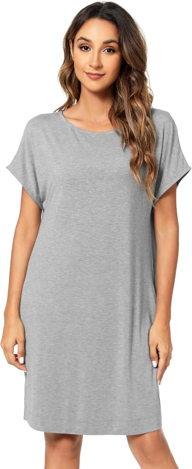 imageWiWi Womens Bamboo Viscose Nightgowns Soft Short Sleeve Sleep Shirt Lightweight Cool Nightshirt Pajama Dress SXXLBheather Grey