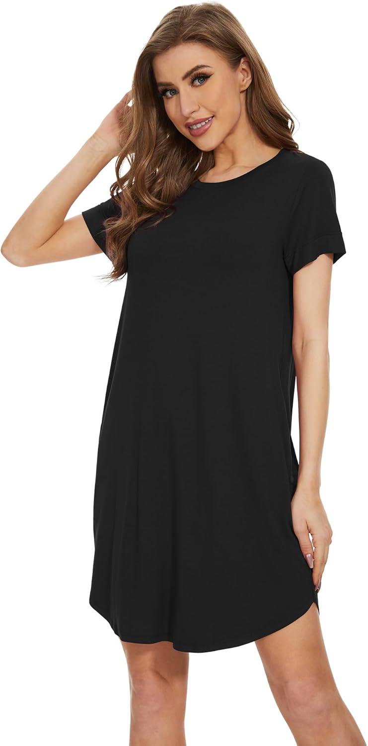 imageWiWi Womens Bamboo Viscose Nightgowns Soft Short Sleeve Sleep Shirt Lightweight Cool Nightshirt Pajama Dress SXXLBlack