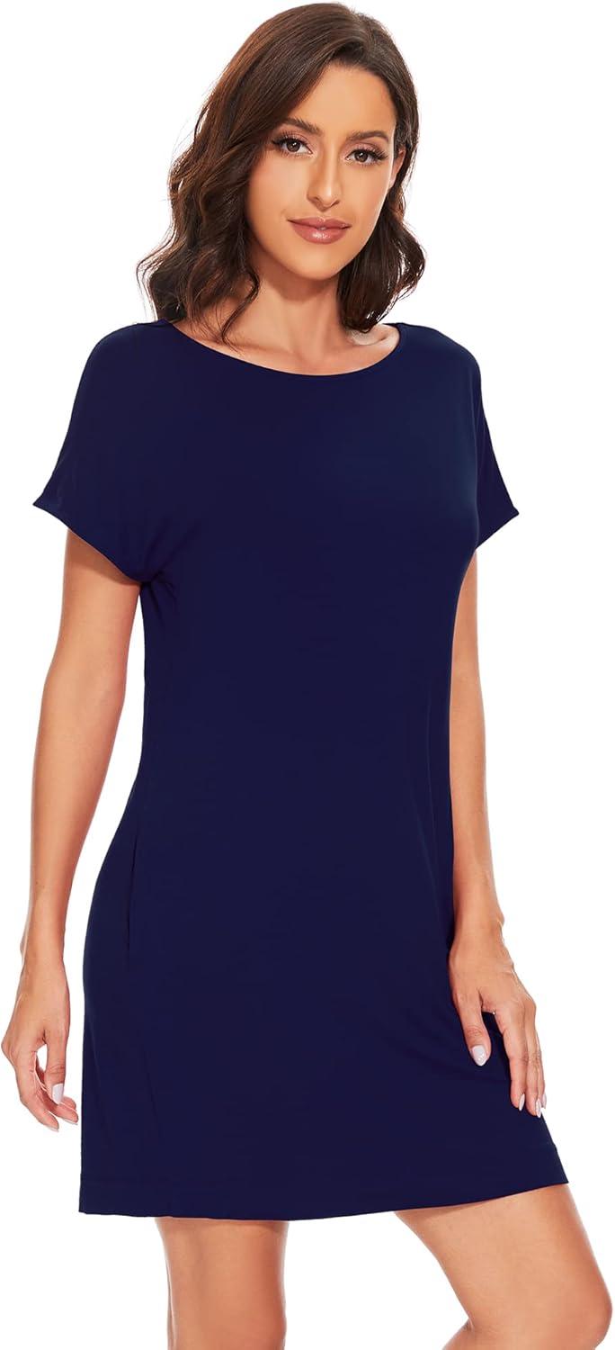 imageWiWi Womens Bamboo Viscose Nightgowns Soft Short Sleeve Sleep Shirt Lightweight Cool Nightshirt Pajama Dress SXXLBnavy