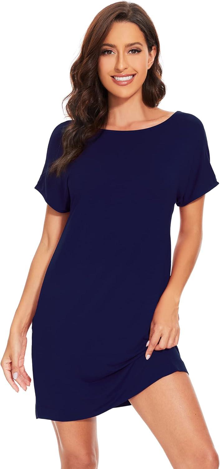 imageWiWi Womens Bamboo Viscose Nightgowns Soft Short Sleeve Sleep Shirt Lightweight Cool Nightshirt Pajama Dress SXXLBnavy