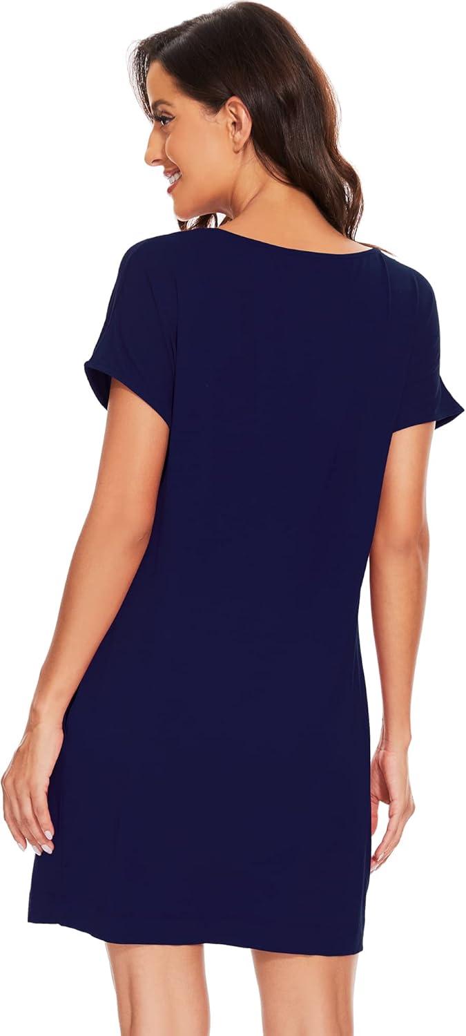 imageWiWi Womens Bamboo Viscose Nightgowns Soft Short Sleeve Sleep Shirt Lightweight Cool Nightshirt Pajama Dress SXXLBnavy