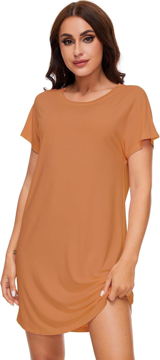 imageWiWi Womens Bamboo Viscose Nightgowns Soft Short Sleeve Sleep Shirt Lightweight Cool Nightshirt Pajama Dress SXXLBurnt Orange