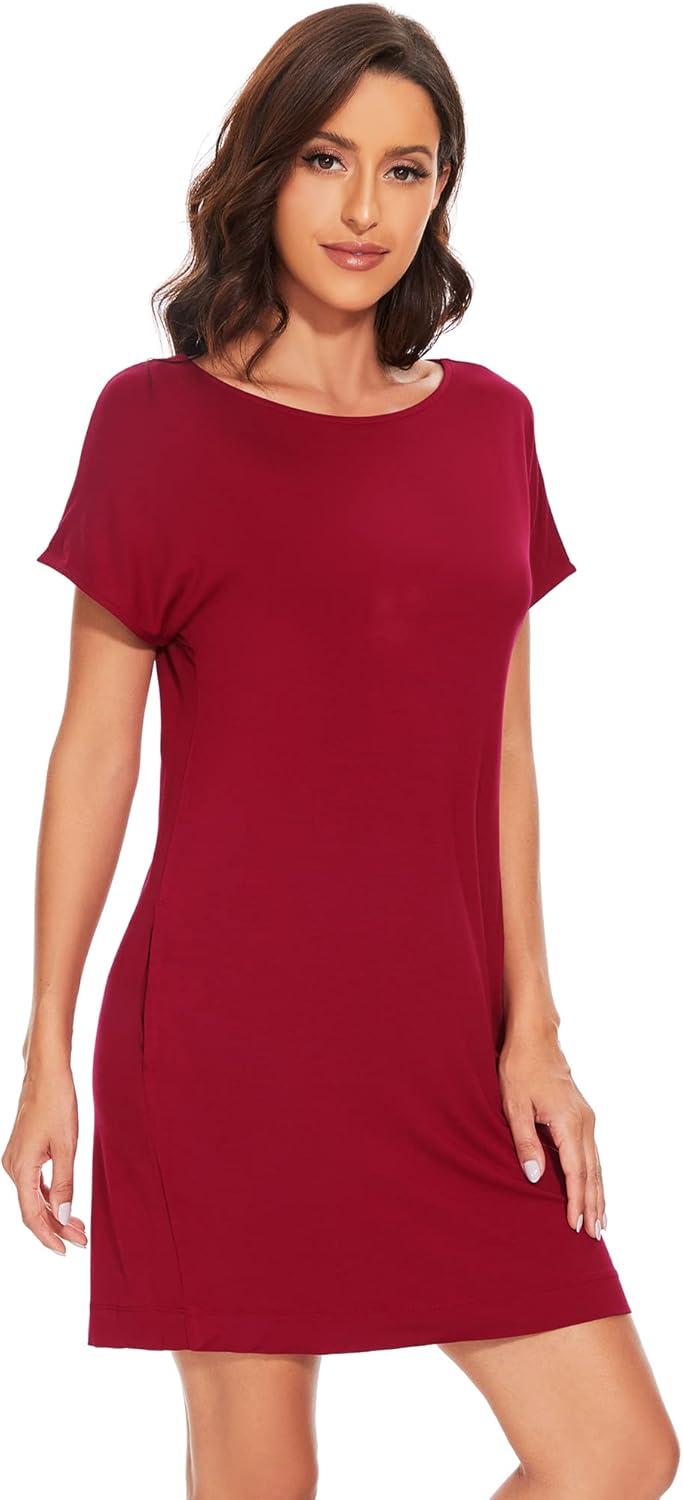 imageWiWi Womens Bamboo Viscose Nightgowns Soft Short Sleeve Sleep Shirt Lightweight Cool Nightshirt Pajama Dress SXXLBwine Red