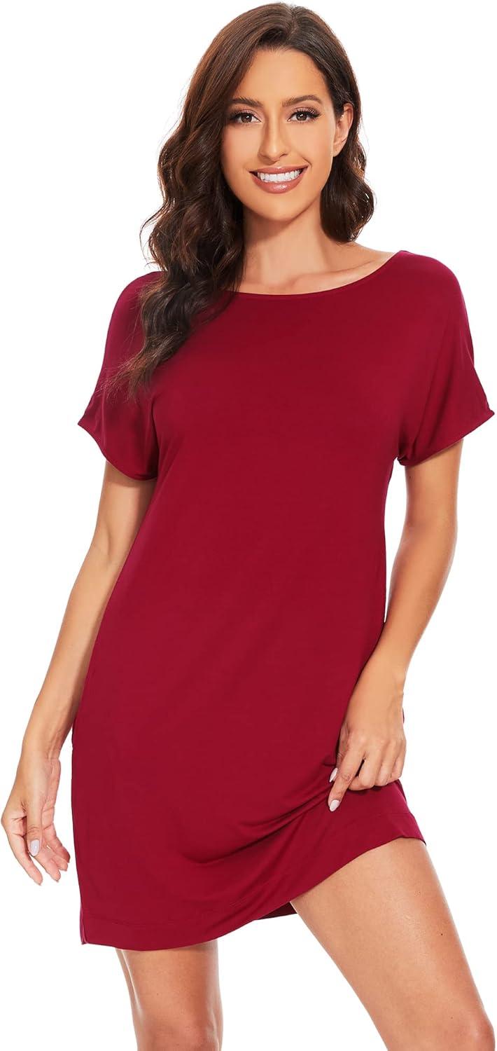 imageWiWi Womens Bamboo Viscose Nightgowns Soft Short Sleeve Sleep Shirt Lightweight Cool Nightshirt Pajama Dress SXXLBwine Red