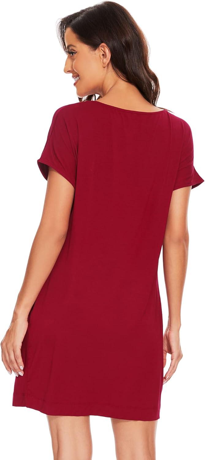 imageWiWi Womens Bamboo Viscose Nightgowns Soft Short Sleeve Sleep Shirt Lightweight Cool Nightshirt Pajama Dress SXXLBwine Red