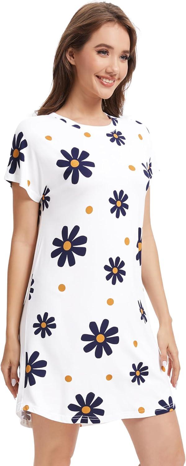 imageWiWi Womens Bamboo Viscose Nightgowns Soft Short Sleeve Sleep Shirt Lightweight Cool Nightshirt Pajama Dress SXXLCdaisy