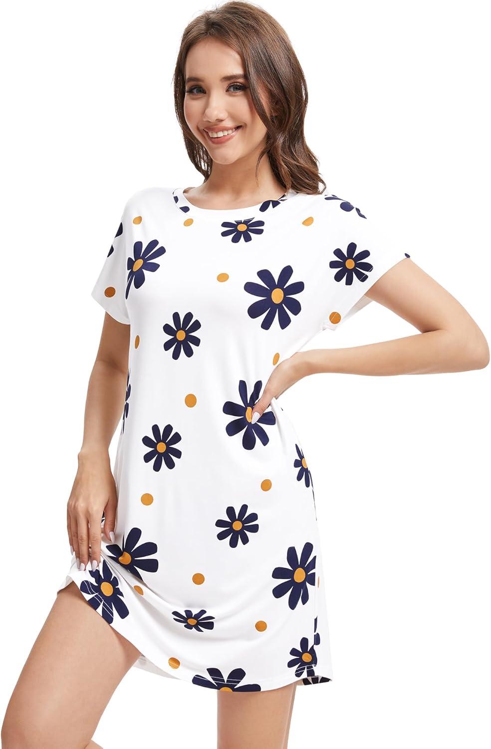 imageWiWi Womens Bamboo Viscose Nightgowns Soft Short Sleeve Sleep Shirt Lightweight Cool Nightshirt Pajama Dress SXXLCdaisy