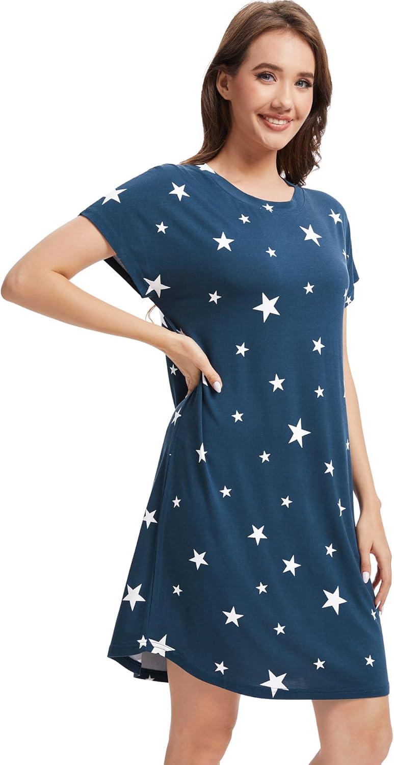 imageWiWi Womens Bamboo Viscose Nightgowns Soft Short Sleeve Sleep Shirt Lightweight Cool Nightshirt Pajama Dress SXXLCdark Navy Star