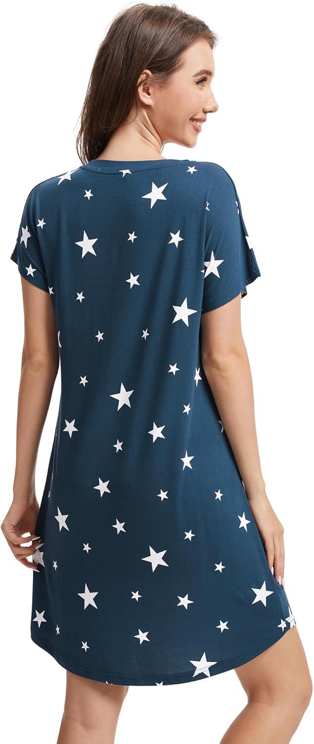 imageWiWi Womens Bamboo Viscose Nightgowns Soft Short Sleeve Sleep Shirt Lightweight Cool Nightshirt Pajama Dress SXXLCdark Navy Star