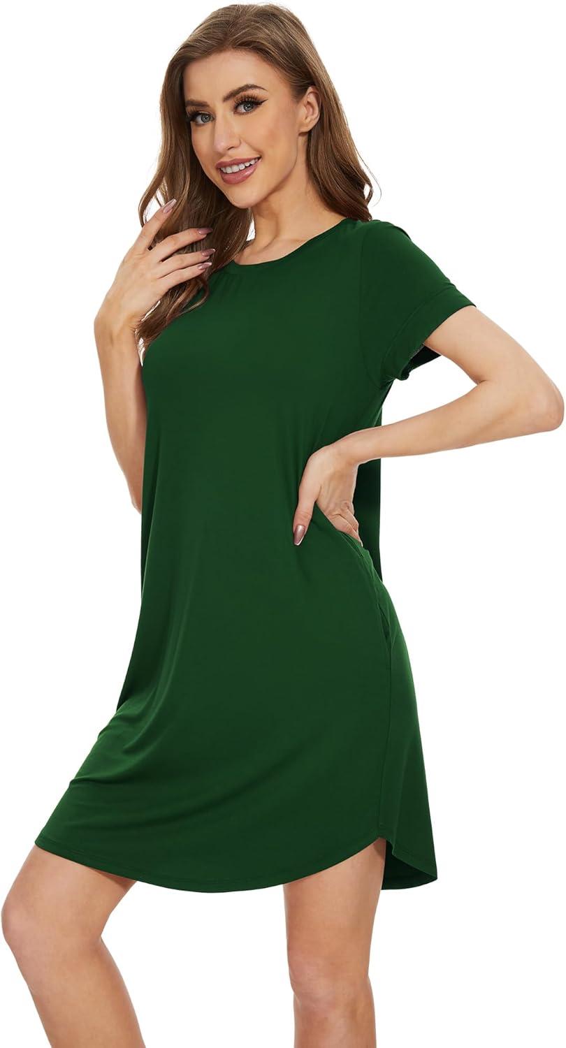 imageWiWi Womens Bamboo Viscose Nightgowns Soft Short Sleeve Sleep Shirt Lightweight Cool Nightshirt Pajama Dress SXXLDark Green