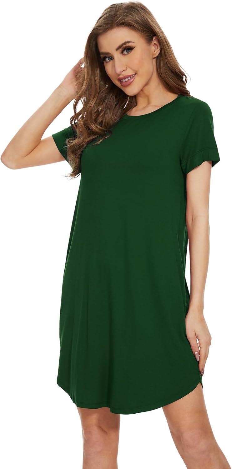 imageWiWi Womens Bamboo Viscose Nightgowns Soft Short Sleeve Sleep Shirt Lightweight Cool Nightshirt Pajama Dress SXXLDark Green
