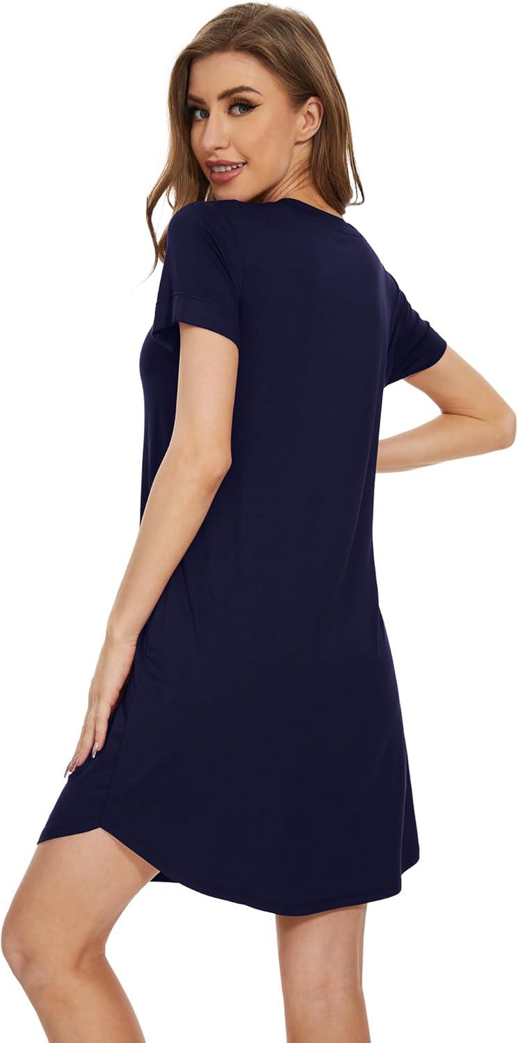 imageWiWi Womens Bamboo Viscose Nightgowns Soft Short Sleeve Sleep Shirt Lightweight Cool Nightshirt Pajama Dress SXXLNavy