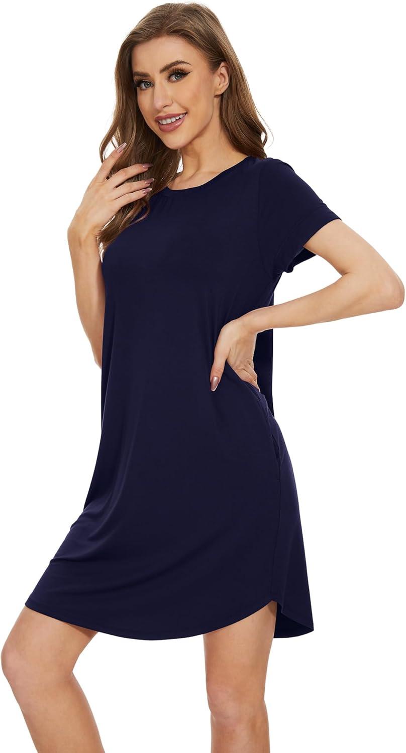 imageWiWi Womens Bamboo Viscose Nightgowns Soft Short Sleeve Sleep Shirt Lightweight Cool Nightshirt Pajama Dress SXXLNavy