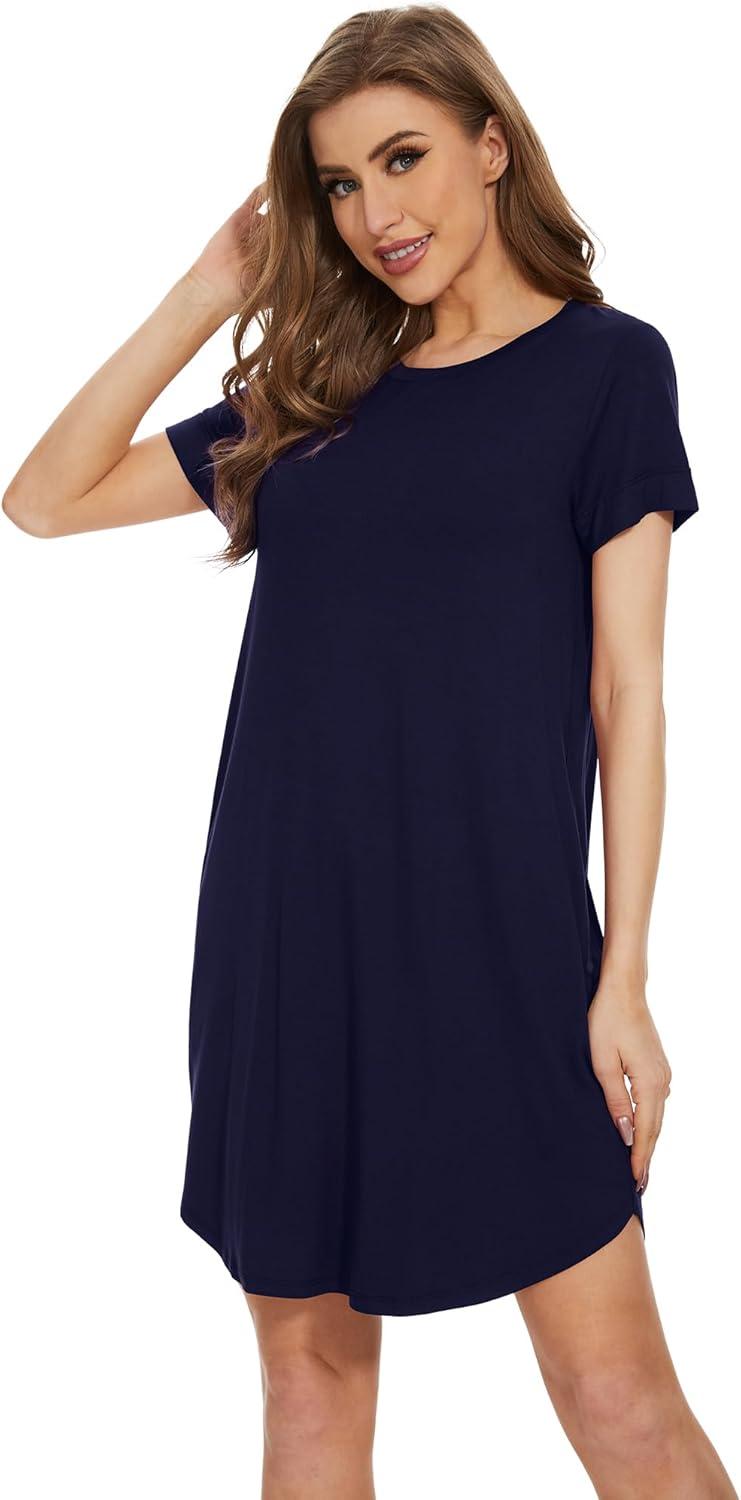 imageWiWi Womens Bamboo Viscose Nightgowns Soft Short Sleeve Sleep Shirt Lightweight Cool Nightshirt Pajama Dress SXXLNavy