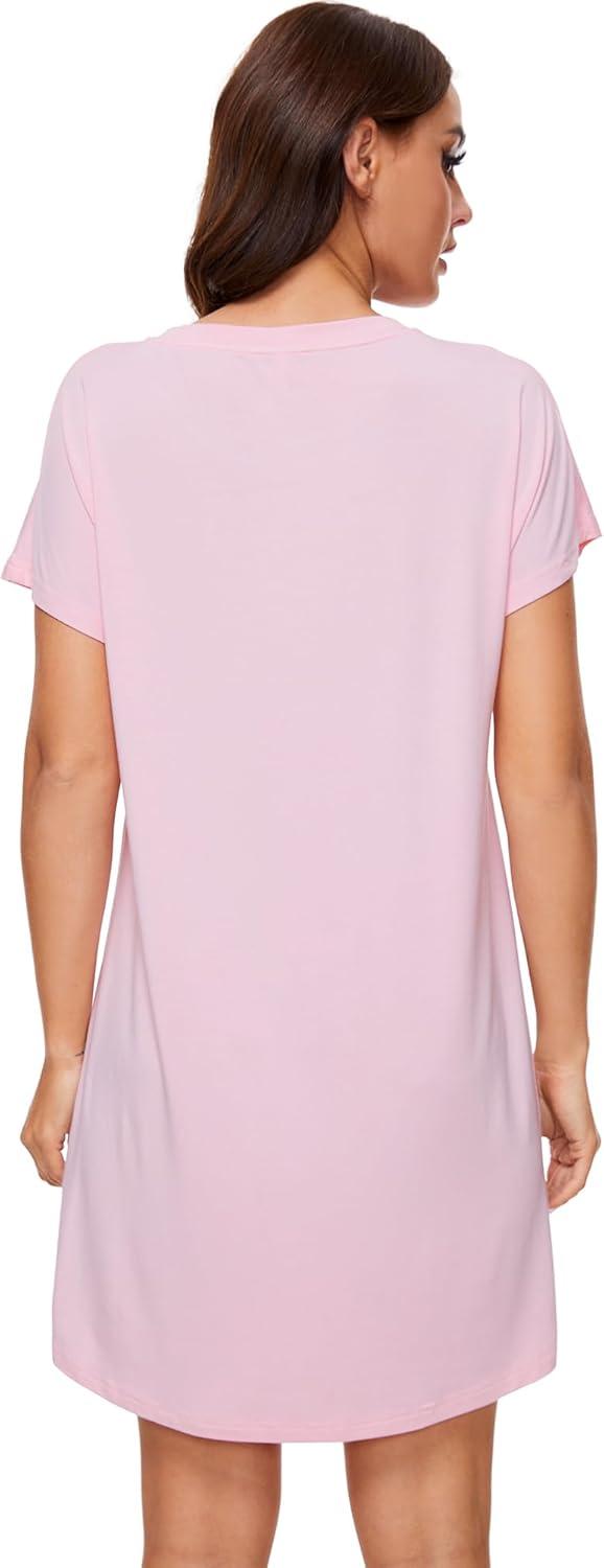 imageWiWi Womens Bamboo Viscose Nightgowns Soft Short Sleeve Sleep Shirt Lightweight Cool Nightshirt Pajama Dress SXXLPink